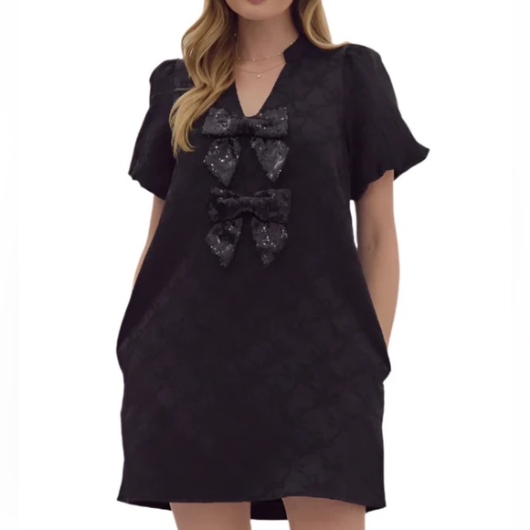 Sold NEW midnight glitz black puff sleeve bow pattern bow sequin jacquard dresss - Picture 9 of 11